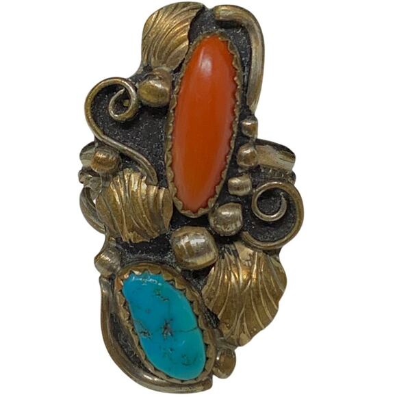 VTG Southwest Gold Filled On Sterling Silver Coral Stones Turquoise Ring Sz 5 - Picture 1 of 6
